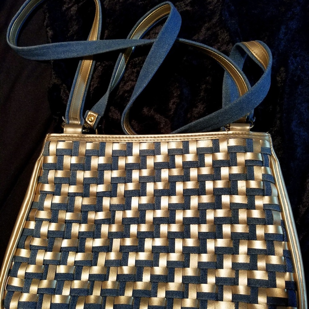 Gold and denim woven bag.